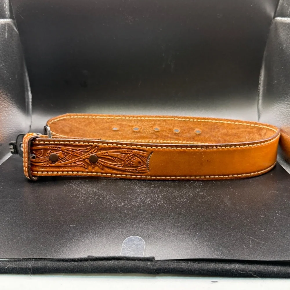 Vintage Kids Justin Tooled Leather Belt Western‎ Style Brown Made in USA